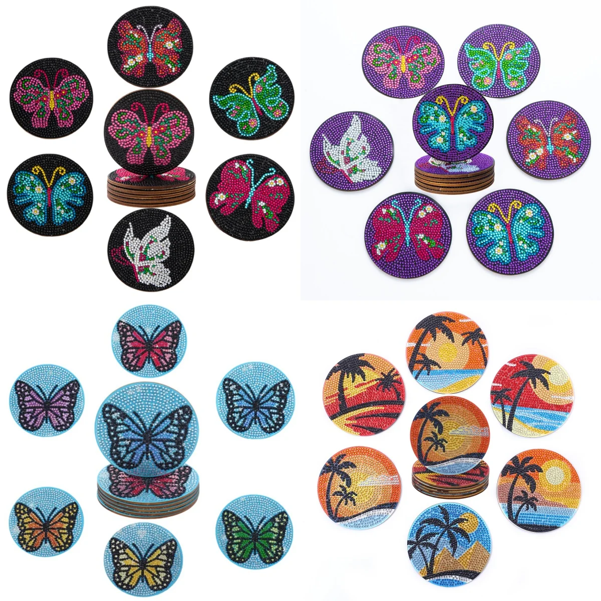 6 DIY-Untersetzer-Set mit Schmetterlings-/Meeresblick/gemusterten Diamantmalerei, ohne Getränkehalter, rutschfeste Holzuntersetzer, Küche, Büro Image