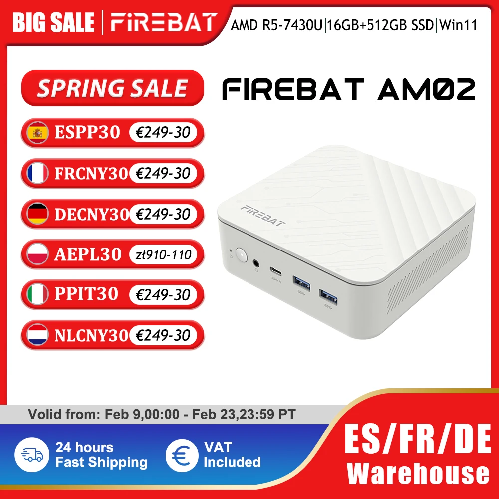 FIREBAT AM02 MINI-PC AMD Ryzen 5 7430U Windows 11 Mini-PC 16 GB DDR4 3200 MHz 512 GB SSD WLAN 6 BT5.2 HDMI 2.1 Desktop-Computer Image