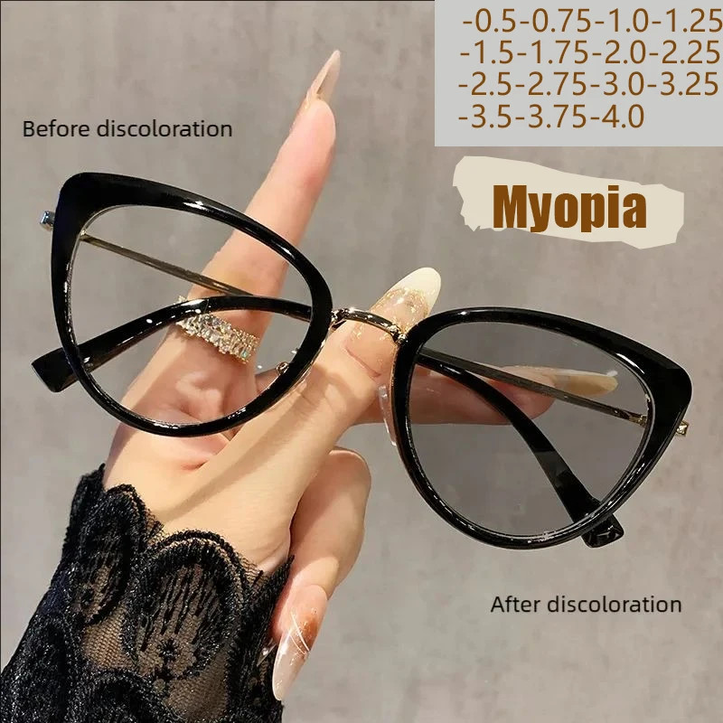 Katzenauge-Myopie, trendige Metall-Retro-High-End-Brille ohne Gesicht, lichtempfindliche, farbwechselnde Spiegel-Myopie-Brille 038 Image