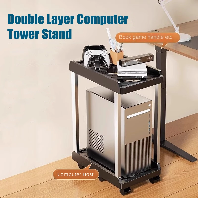 Universeller PC-Gehäusehalter unter dem Schreibtisch, mobiler CPU-Ständer, verstellbarer doppelschichtiger Computer-Host-Ständer, Halterungsständer mit 4/6 Rollen Image
