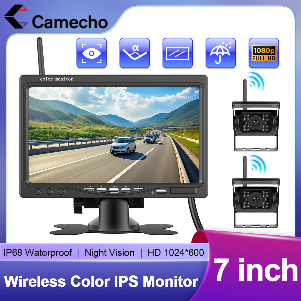 Camecho 7 IPS-Automonitor und kabellose Dual-Rückfahrkameras, Nachtsicht, 1080P, Backup-Parkkamera für Wohnmobil, LKW, Trail, Bus Image