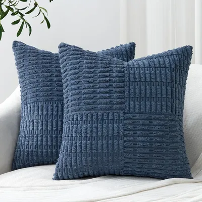 Blaue Kissenbezüge, 45 x 45 cm, moderne Bauernhaus-Heimdekoration, Cord-Kissenbezüge für Herbst, Sofa, Wohnzimmer, Couch, Bett, weich Image