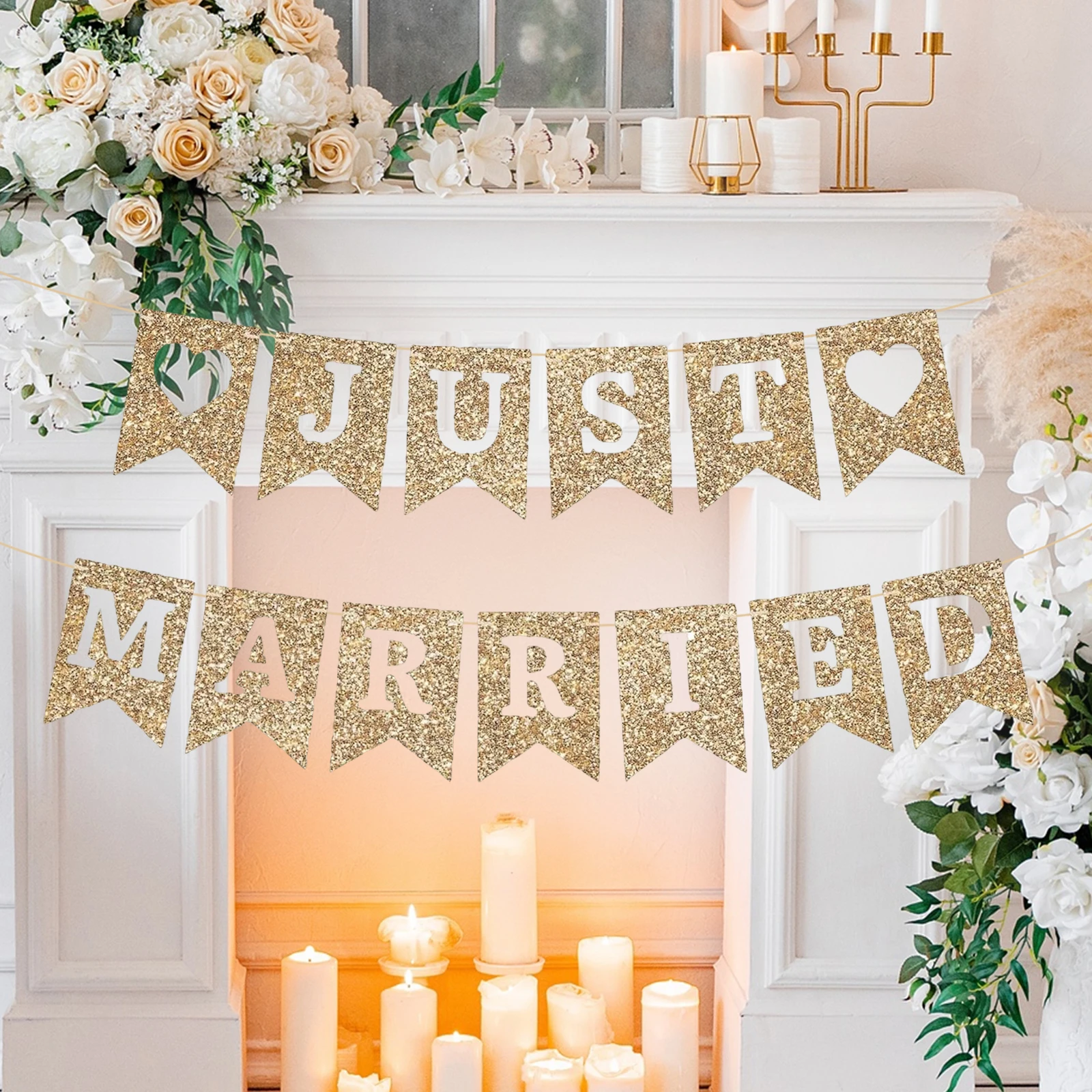 Just Married Banner Gold Glitzer Hochzeit Party Banner Gold Hochzeit Empfang Party oder Auto Dekorationen & Dekor Image