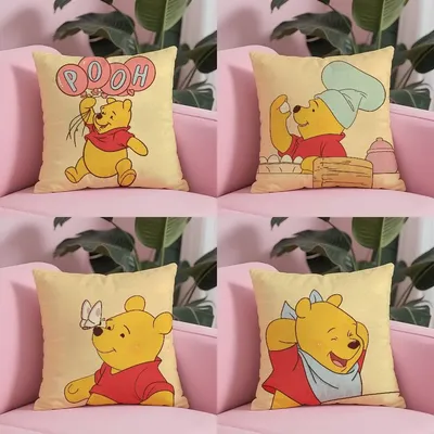 MINISO Winnie-the-Pooh Kissenbezug, Anti-Dustmite-Kissenbezug, unsichtbarer Reißverschluss, seidiger kurzer Plüsch-Sofa-Kissenbezug Image