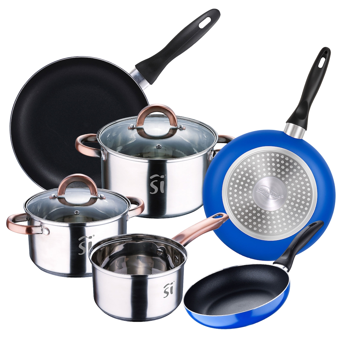 San Ignacio - 5-teiliges Edelstahl-Kochgeschirrset Ø16/18/20cm und 3-teiliges Ø16/20/24cm Bratpfannenset aus gepresstem Aluminium, induktionsgeeignet. Image