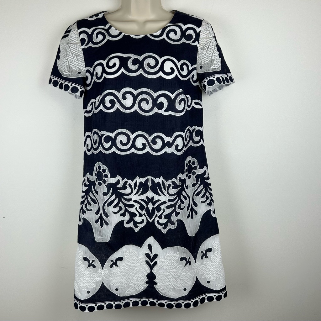 J. Crew Dresses | J. Crew Navy & White Lace Overlay Sheath Mini Dress Sz 4 Wedding Guest Cocktail | Color: Blue/White | Size: 4