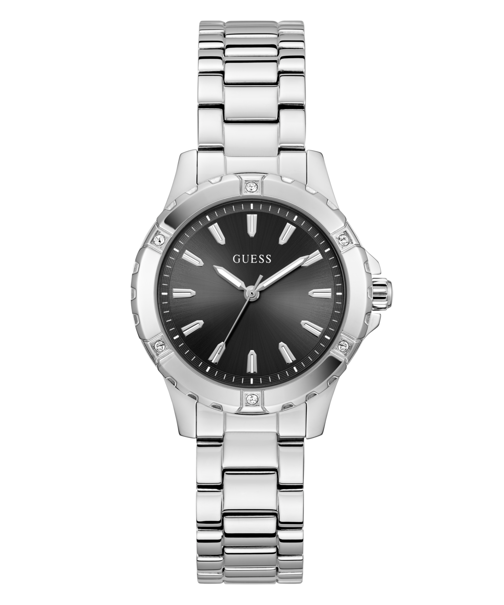 Quarzuhr GUESS "MIST", silber (silberfarben, schwarz), Armbanduhren, Damen, Armbanduhr, Damenuhr, Edelstahlarmband, Kristallsteine Image