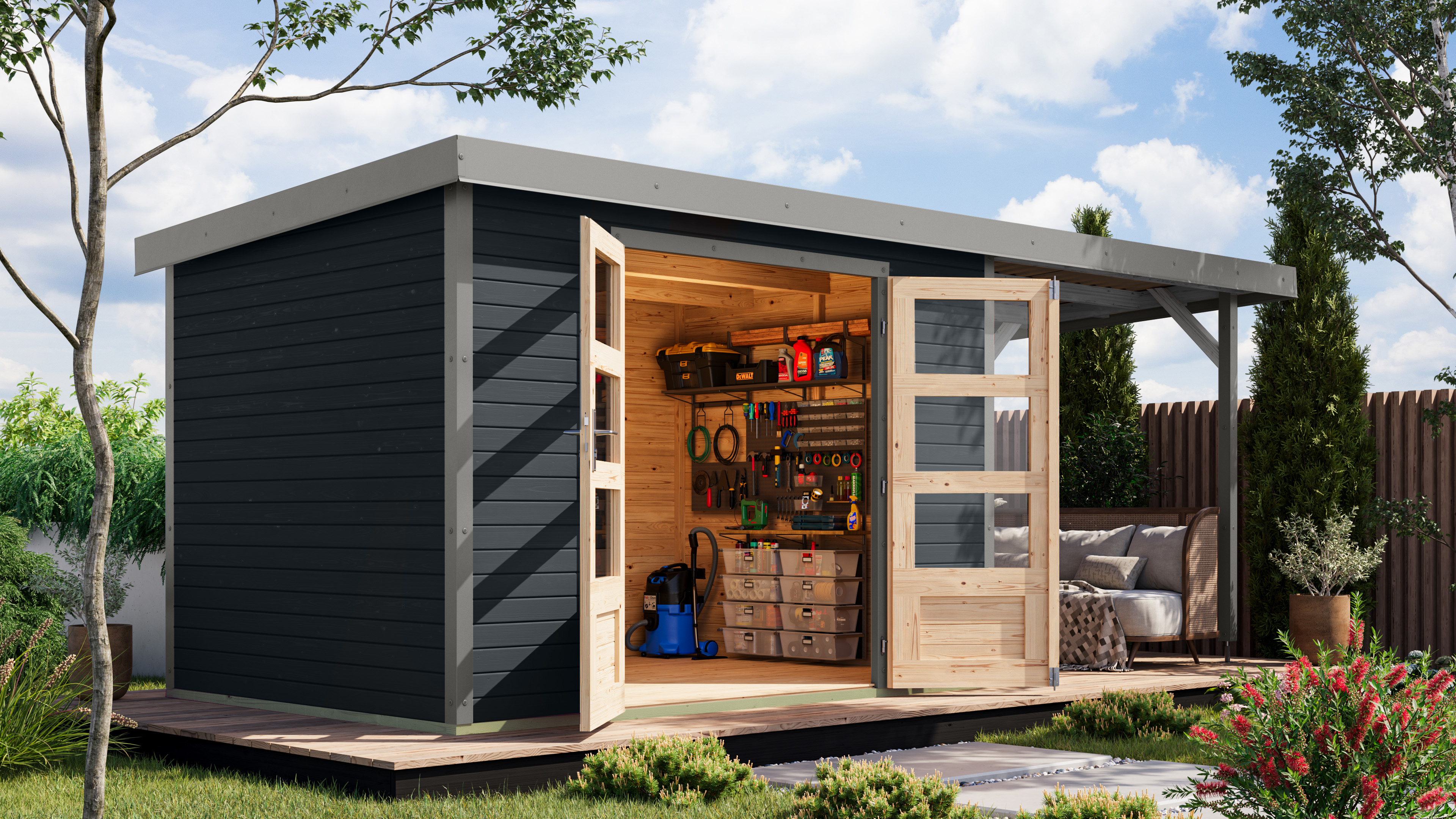 Gartenhaus KARIBU "Jupiter 4 C" SET anthrazit, mit Anbaudach 2,35 m breit", grau (anthrazit, graualuminium), ohne Fußboden, ohne Rück- und Seitenwand, Holz, Stahl, Gartenhäuser, hochwertige Materialien: nordische Fichte, Stahlecken, Trapezblechdach Image