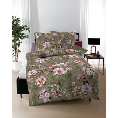 Bettwäsche KAEPPEL "Magnolia", grün (oliv), B/L: 155cm x 220cm, Feinbiber, B/L: 80cm x 80cm, Feinbiber, Obermaterial: 100% Baumwolle, Bettwäsche Image
