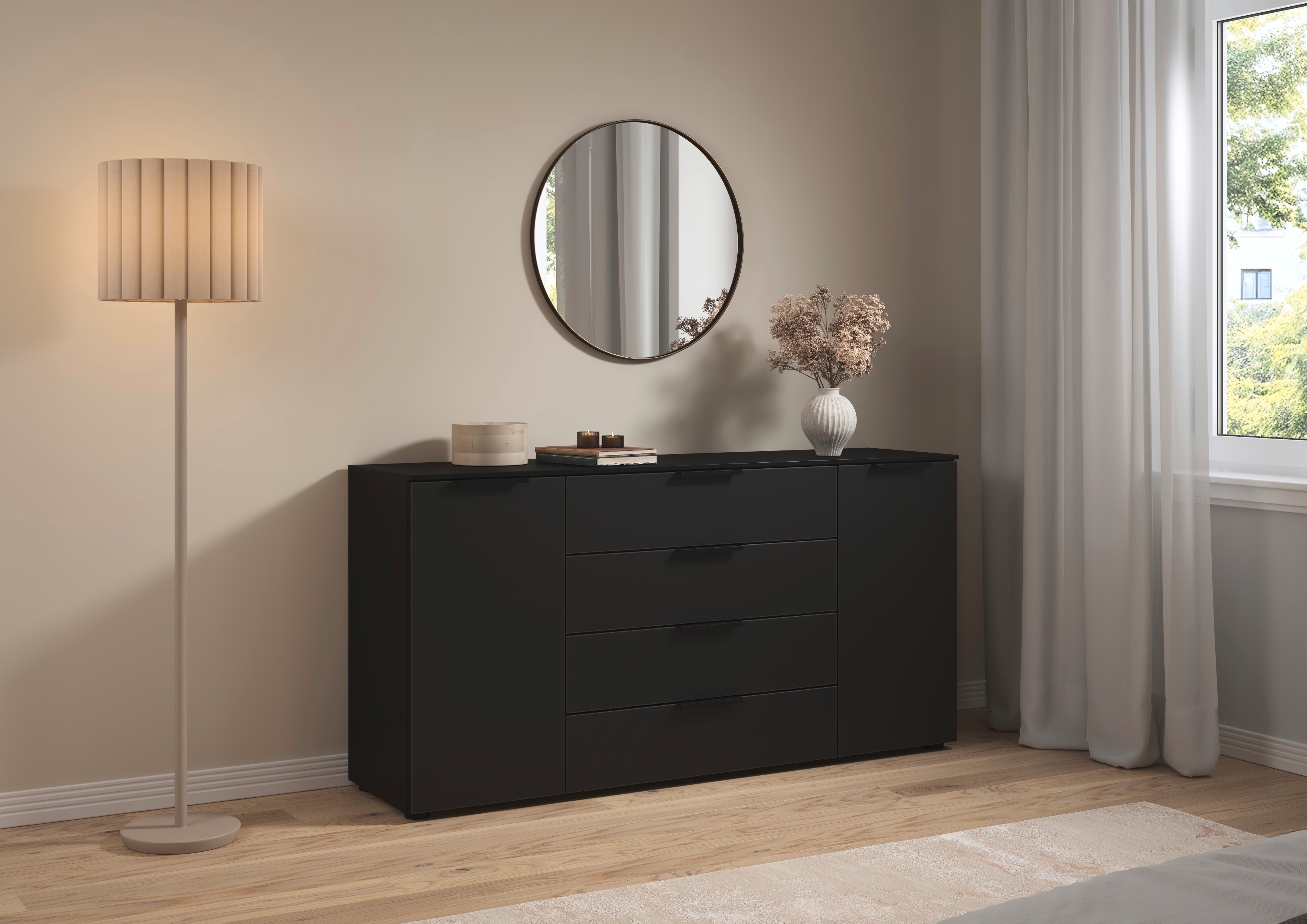 Kommode "Kommode Sideboard Schubladenkommode SERINA eleganter Eyecatcher", schwarz, schwarz mattglas, B:160cm H:81cm T:42cm, Holzwerkstoff, LEGER HOME BY LENA GERCKE, Sideboards, mit 4 Schubkästen und 2 Türen sowie Metallgriffen MADE IN GERMANY Image