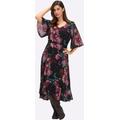 Sommerkleid SHEEGO "Kleid", Damen, Gr. 56, Normalgrößen, schwarz (schwarz, bedruckt), 100% Polyester, geblümt, gemustert, mehrfarbig, bedruckt, lang, V-Ausschnitt, Kurzarm, Kleider