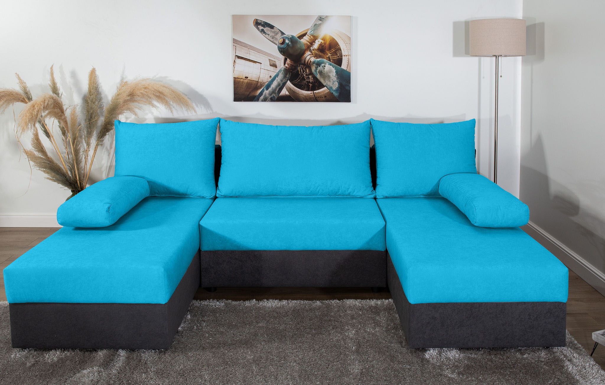 Wohnlandschaft COLLECTION AB "Pico U-Form", grau (anthrazit, blau), B:220cm H:39cm T:158cm, 100%Polyester, Sofas, Wohnlandschaft, Wohnlandschaft,2 X Ottomane,Polyätherschaum Polsterung
