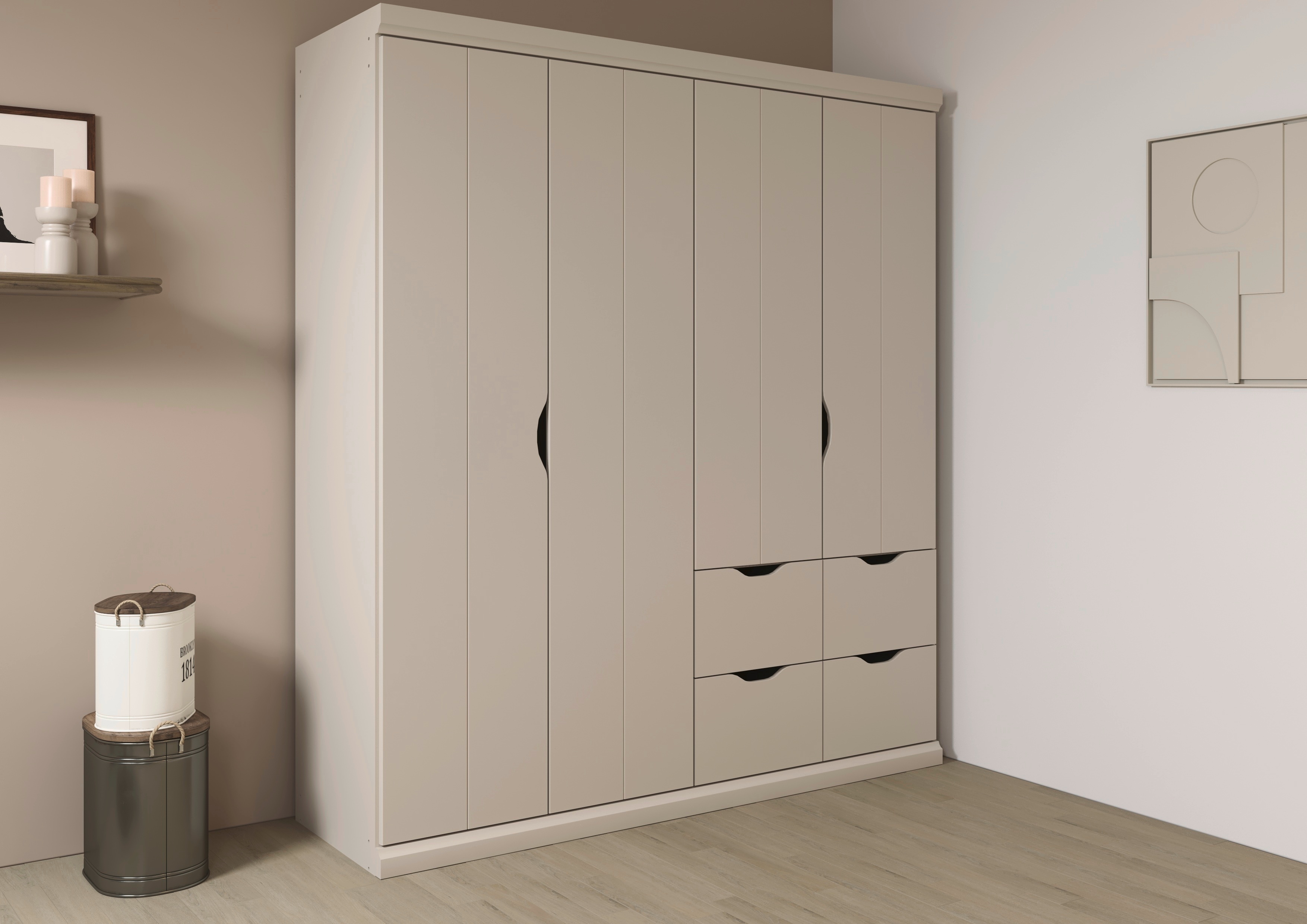 Kleiderschrank RAUCH "Drehtürenschrank Schrank Garderobe Wäscheschrank Schlafzimmer MARLENE", beige (beige (champagner)), B:181cm H:203cm T:56cm, Holzwerkstoff, Schränke, Kleiderschrank, in 3 Breiten 91/136/181 cm im Landhaus-Stil MADE IN GERMANY