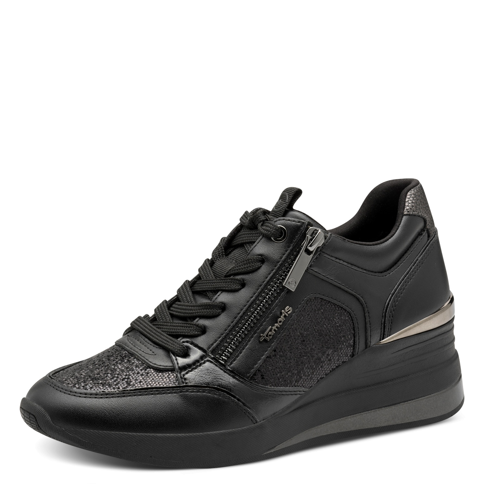 Keilsneaker TAMARIS, Damen, Gr. 38, schwarz (schwarz kombiniert), Lacksynthetik, Lederimitat, Glitzer, kontrastfarbene Details, Schuhe, Freizeitschuh, Halbschuh, Schnürschuh mit Glitzerdetails