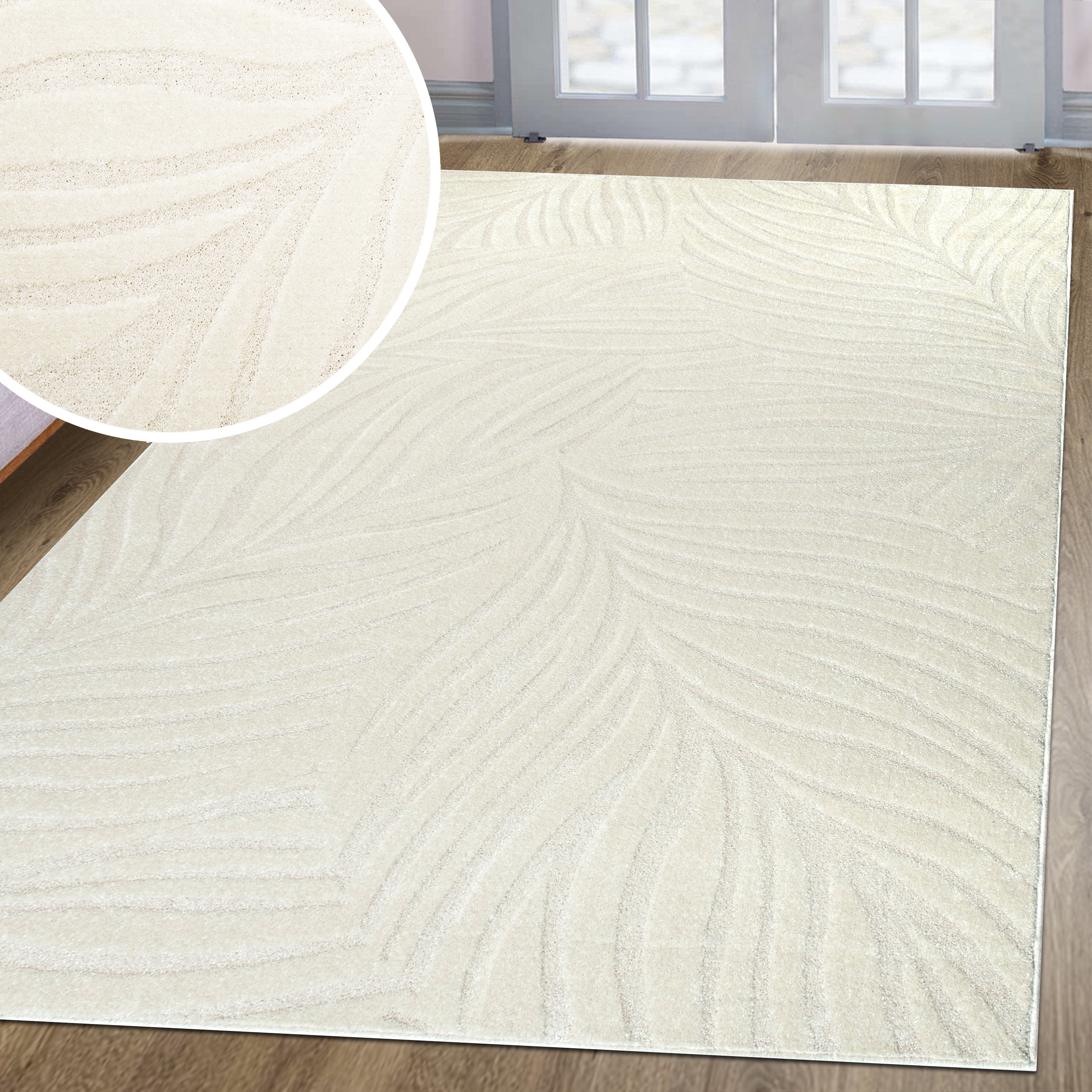 Teppich MY HOME "Calmura, Blätter-Design in Hoch-Tief-Struktur" Gr. 8, beige (creme), B:280cm H:9mm L:380cm, Kunstfaser, Teppiche, 3D-Effekt, softer Kurzflor, pflegeleicht, Scandi-Look Image