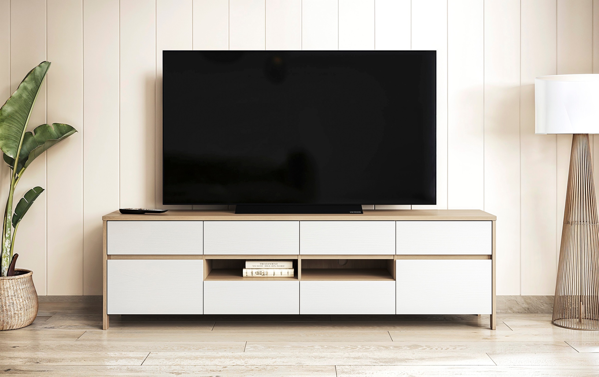 TV-Schrank HOME AFFAIRE "Stranda, moderner TV-Unterschrank, Kommode im Scandi-Style, Lowboard", weiß (weiß skandi eiche), B:193cm H:58cm T:39cm, FSC-zertifizierter Holzwerkstoff, Schränke, Rahmenoptik, ausreichend Stauraum, vielseitig einsetzbar,...