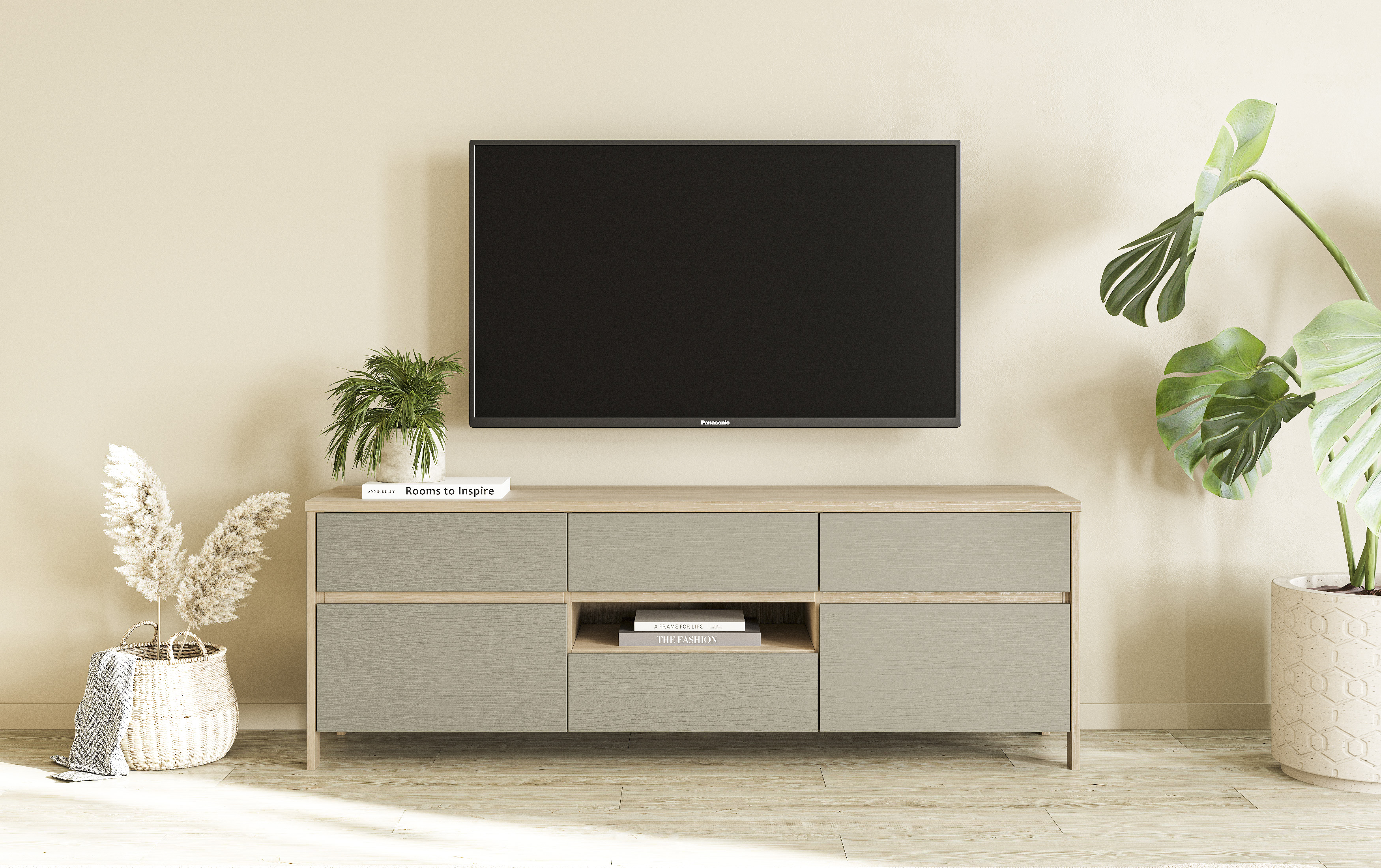 TV-Schrank HOME AFFAIRE "Stranda, moderner TV-Unterschrank, Kommode im Scandi-Style, Lowboard", eukalyptus skandi eiche, B:164cm H:58cm T:39cm, FSC-zertifizierter Holzwerkstoff, Schränke, Rahmenoptik, ausreichend Stauraum, vielseitig einsetzbar, 164...