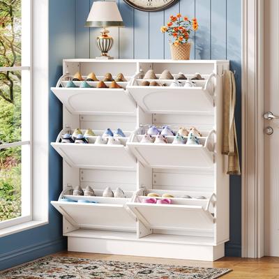 Narrow Flip Drawer Shoe Storage, Space Saving Entryway Organizer with Adjustable Shelf, Free-Standing Shoe Rack with 3 Hooks