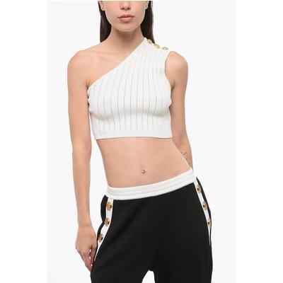 Geripptes One-Shoulder-Crop-Top in Weiß Image