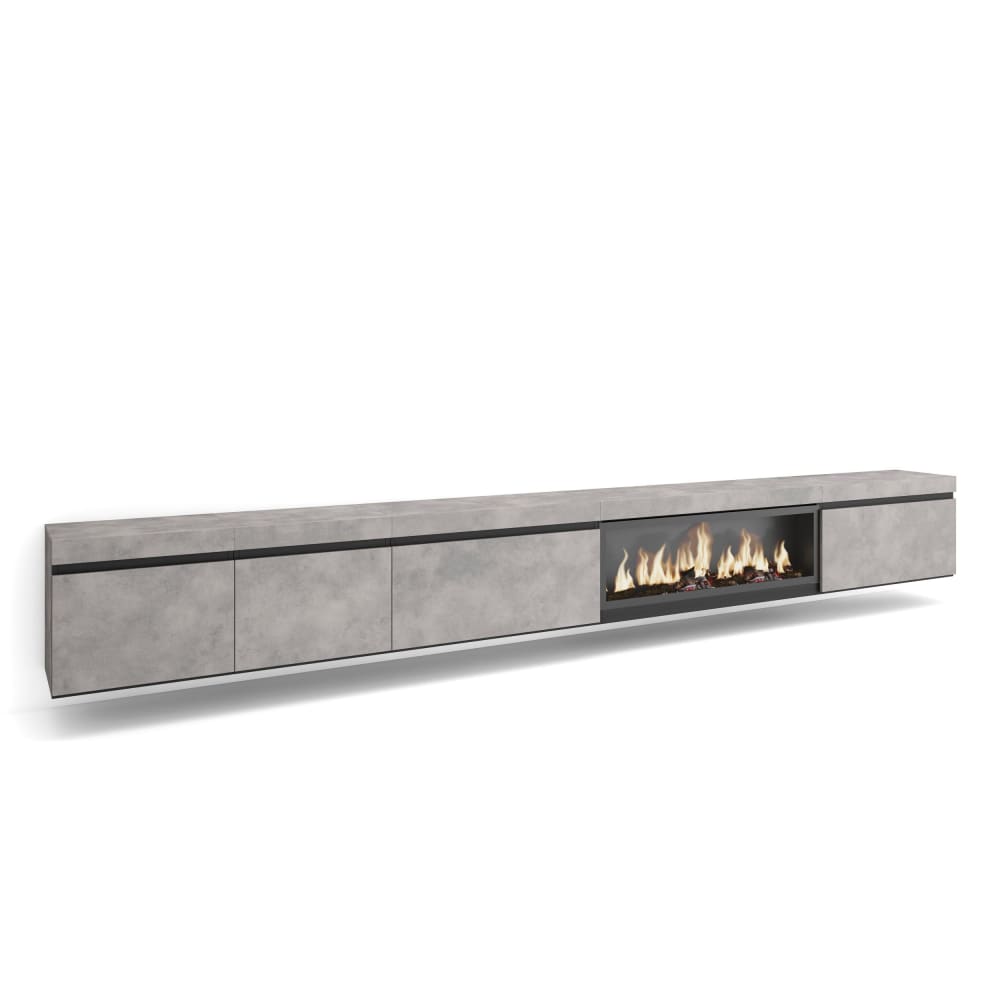 Meuble tv effet bois ciment 368x35x45cm cheminée effet feu XXL
