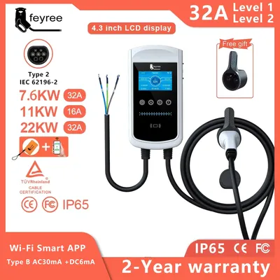 Feyree Typ2 EV-Ladegerät 32A 7,6 kW Ladestation Autoladegerät 11 kW 22 kW 3 Phasen EVSE Wallbox 4,3-Zoll-Bildschirm Smart APP-Steuerung Image