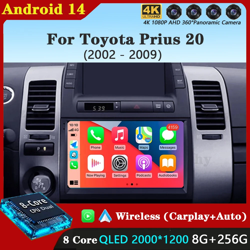 Android 14 carplay autoradio für toyota prius 20 2002-2009 navigation multimedia player stereo wifi 4g video bt dvd 2 din dsp