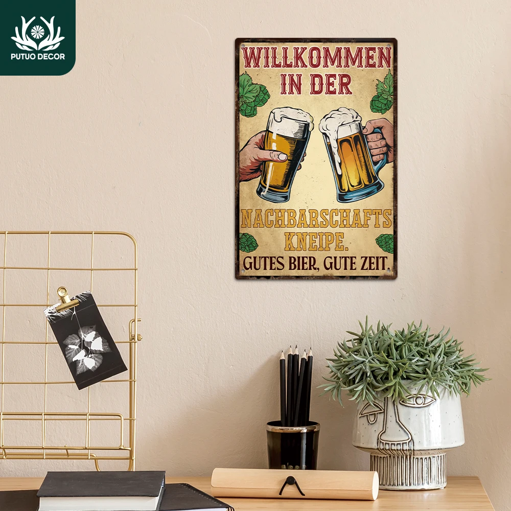 Putuo Decor 1 Stück deutsches Vintage-Metallblechschild, Willkommen im Der Nachbarschafts Kneipe, Wandkunst-Dekor für Bar, Pub, Club, Geschenk Image