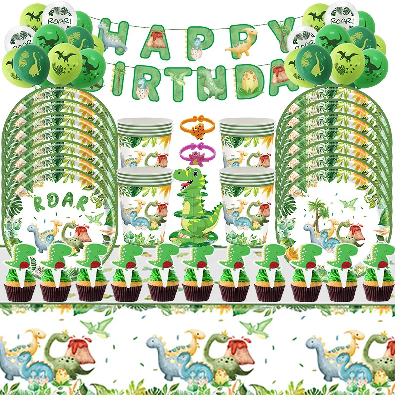 Dinosaurier Geburtstag Party Dekoration Geschirr Set Tischdecke Hintergrund Pappbecher Teller Kind Party Supplies Alles Gute zum Geburtstag Dinosaurier Image