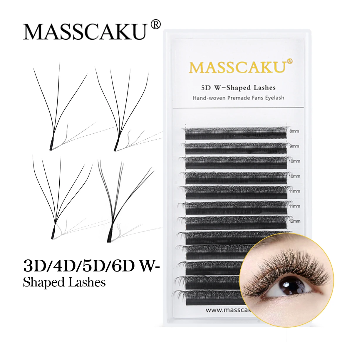 MASSCAKU 3D/4D/5D/6D W Form Clover Black Lashes Russisches Volumen C/CC/D/DD Curl Super natürliche weiche einzelne Wimpernverlängerungen Image