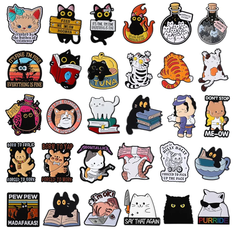 Simpatici gatti Collezione di animali Spille smaltate Cartoon Gattino Elfo Pozione di felicità Gatto Libro di lettura Spille Distintivo da bavero Gioielli Regali