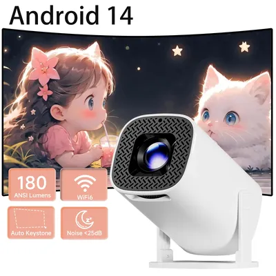 HONGTOP Smart Projector 4K Android 14 WiFi6 Supports 1080p*720p Screen Mirroring Smart Home Theater Outdoor Portable Projector