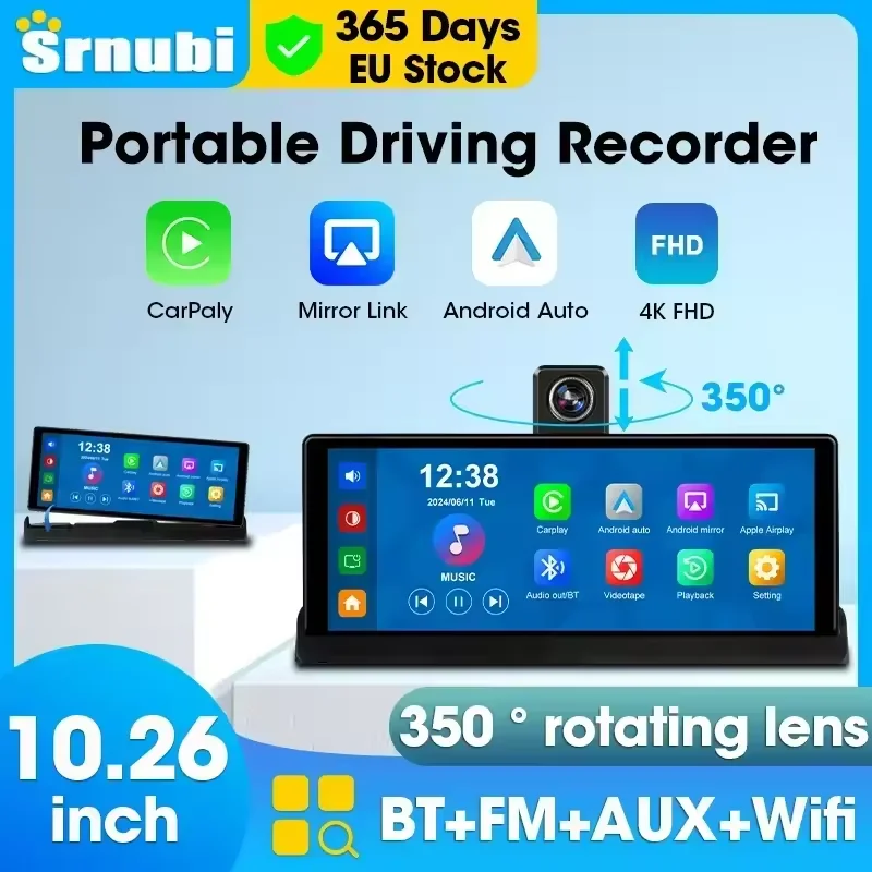 Srnubi 10,26 Zoll Auto-Armaturenbrett CHK 350 ° Rotation DVR Dash Cam Wireless CarPlay & Android Auto Rückansicht Recorder AUX FM BT WIFI Image