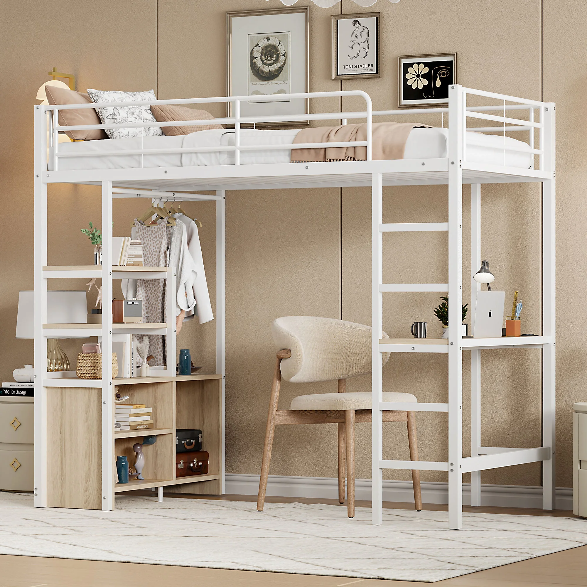 Letto a castello alto 90x200 cm con protezione anti-caduta, letto per bambini con scrivania e presa USB, letto per ragazzi con ripiani multipli, armadio con vani aperti