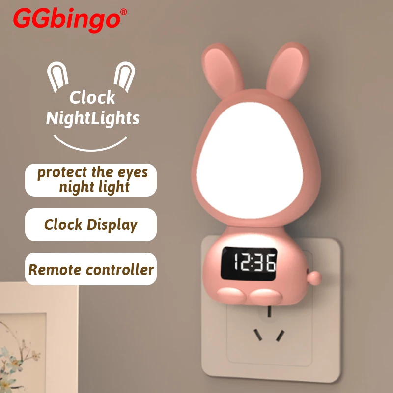 Cartoon Rabbit LED Alarm Clock Night Light for Students Dormitory Digital Display Children Wake Up Light Remote Control Dimming