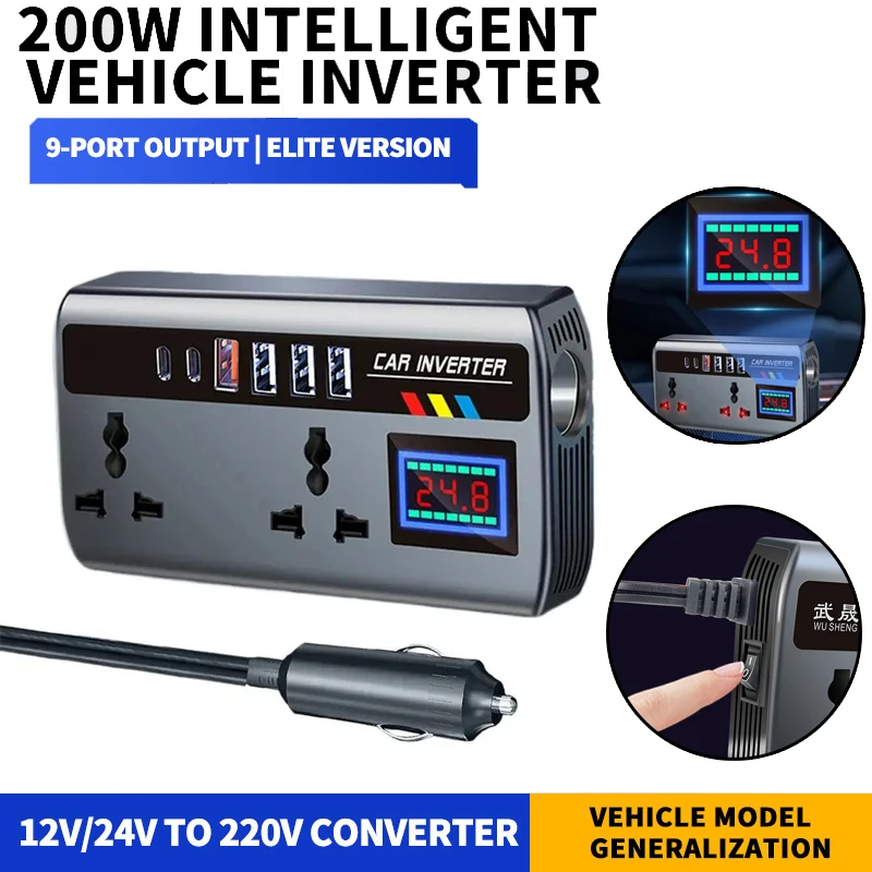 Portable Car Inverter 12V/24V to 220V Outlet Adapter with 4 USB Ports Fast Charging Automotive Charger for Auto Car Truck SUV RV