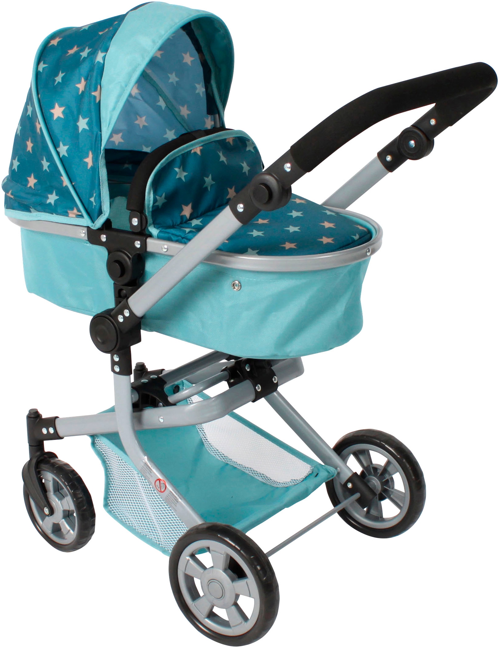Kombi-Puppenwagen CHIC2000 "Mika", sternchen türkis, Puppenwagen, KinderB:41cm H:82cm T:73cm, Metall, Kunststoff, Stoff, mit schwenkbaren Vorderrädern, B:41cm H:82cm T:73cm Image