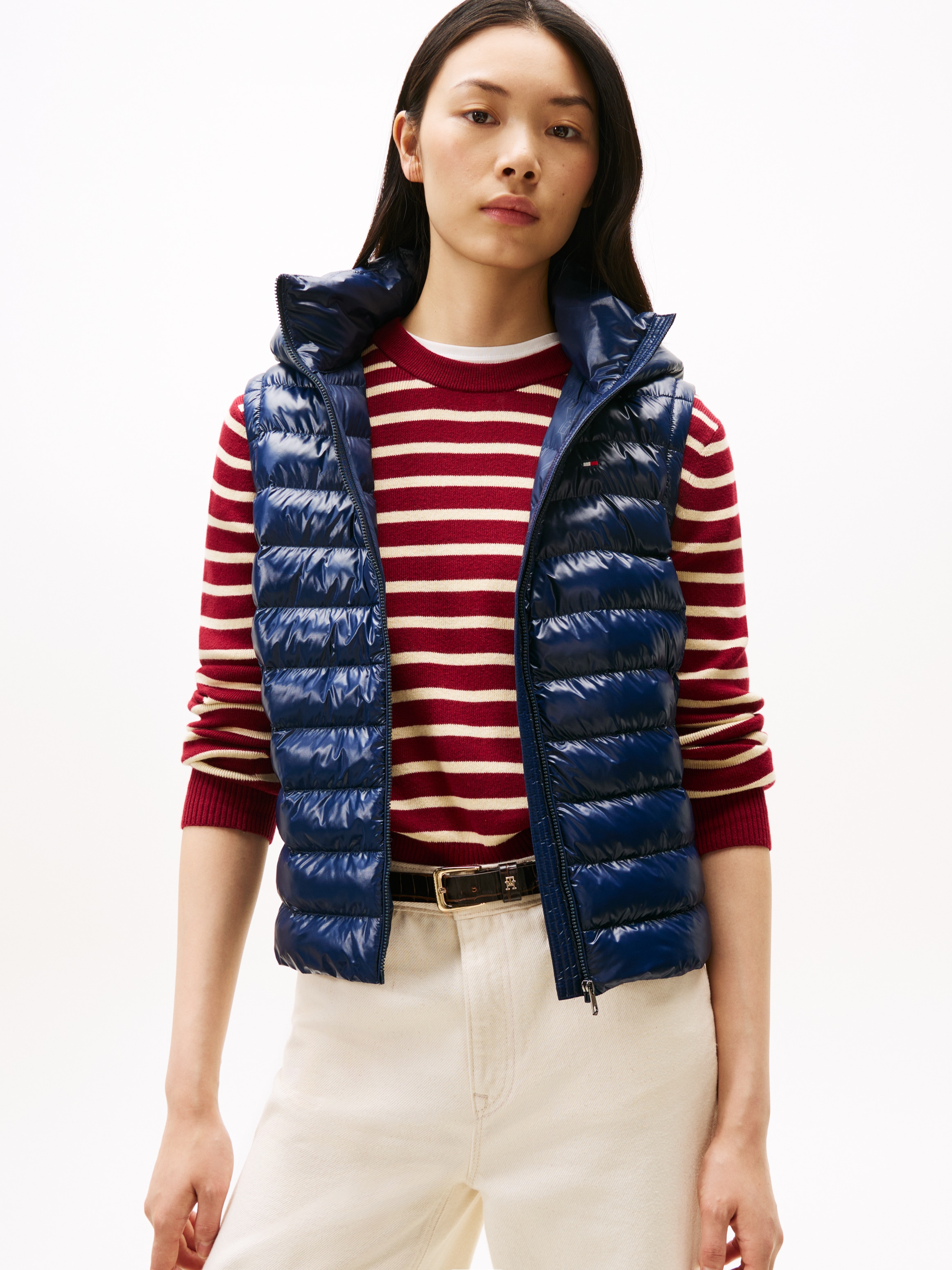 Steppweste TOMMY HILFIGER "LW PADDED SLIM VEST", Damen, Gr. M (38), blau (schwarz night navy), Steppware, Obermaterial: 100% Nylon, unifarben, slim fit hüftlang, Westen Steppweste, leicht glänzende Oberfläche