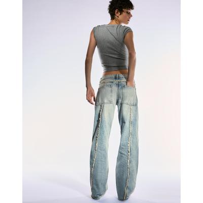 Bershka Low Waist Baggy Jeans With Fringing Women 10 Light Blue