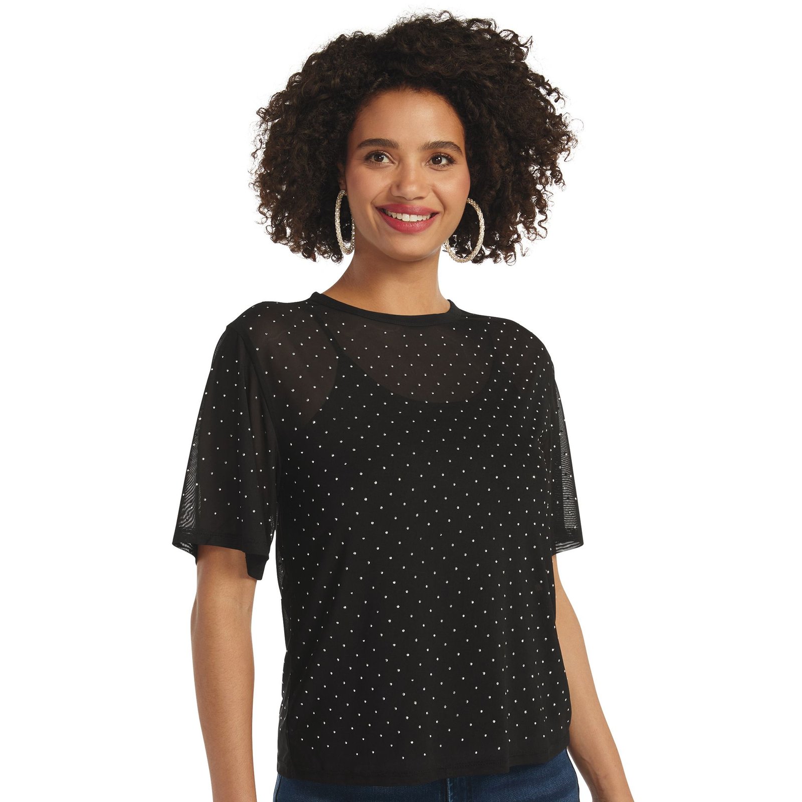 Masseys Rhinestone Mesh Tee (Size XL) Black/Rhinestone, Polyester,Spandex