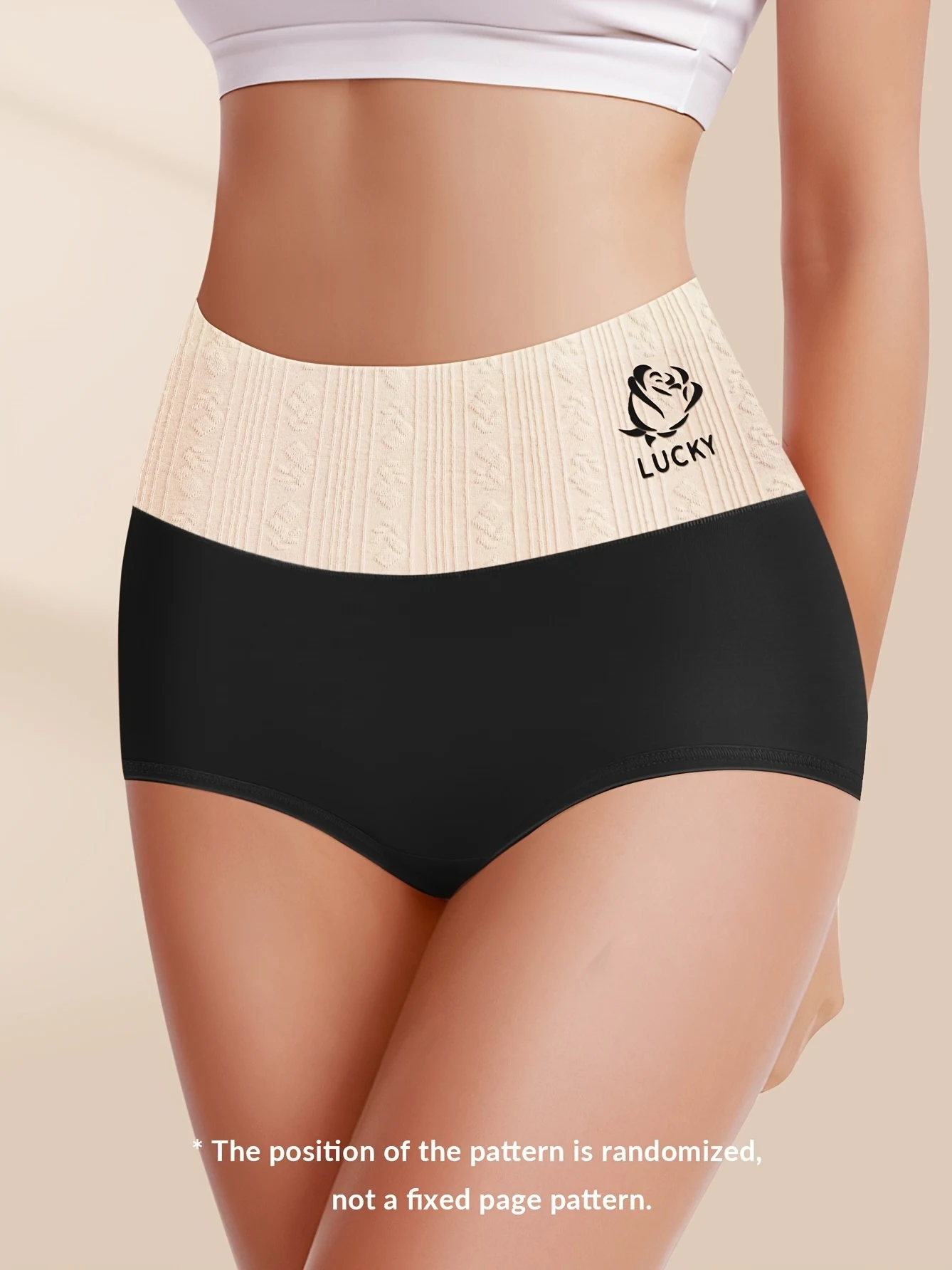 1 Stück elegante Damen-Slips mit hoher Taille und Bauchkontrolle, Farbblock-Design mit Rosen-Glücksdruck, bequeme Unterwäsche, Bauch Image