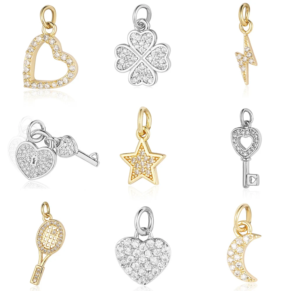 5 Stück/Set Trendige Stern-Herz-Schloss-Schlüssel Kupfer Zirkonia Anhänger für Jungen und Mädchen CZ Armband Ohrringe Halskette Anhänger Damenschmuck Image