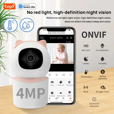 Tuya Baby Monitor-4MP WiredSecurity Camera:Crying Detection,Lullabie,Temperature,2-Way Talk,Siren, for Baby Nanny Elderly