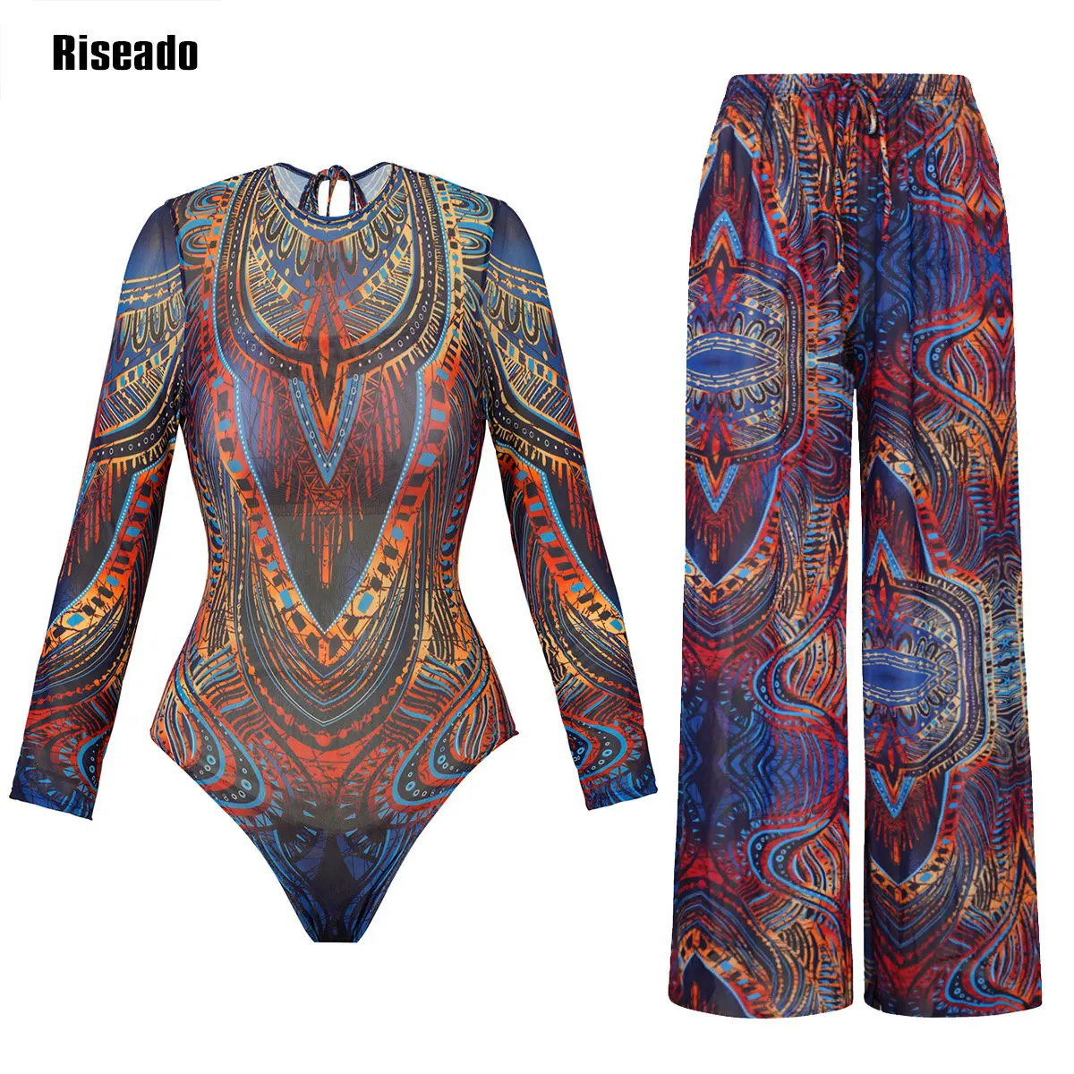 Riseado-Mesh-Badeanzug mit langen Hosen und Badekleid, langärmelige Mesh-Beachwear, sexy Badeanzug mit hoher Taille, intelligente Strandkleidung Image