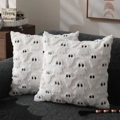 Halloween-Kissenbezüge, 45,7 x 45,7 cm, Hite Ghost, Dekokissenbezüge, weicher Plüsch, Kunstpelz, Wolle, Couch-Kissenbezug für Sofa, Heimdekoration Image