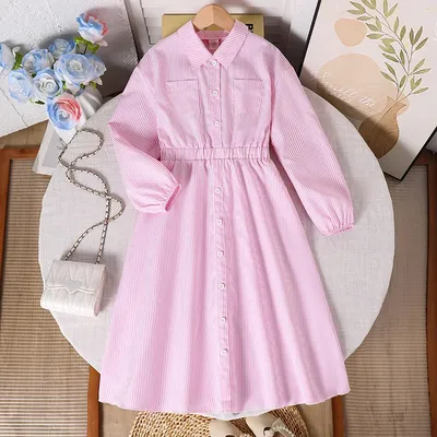 Herbst Neue Kinder Kleidung Einfarbig Rosa Drehen-unten Kragen Einreiher Elastische Taille A-Line Kleid Für Mädchen 8-12 jahre Täglich Image