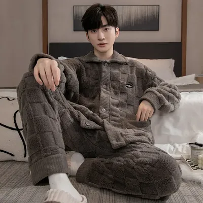 2 Teile/satz männer pyjamas herbst und winter gepolsterte und verdickte warme langärmelige hosen korallenvlies homewear männer kleidung Image