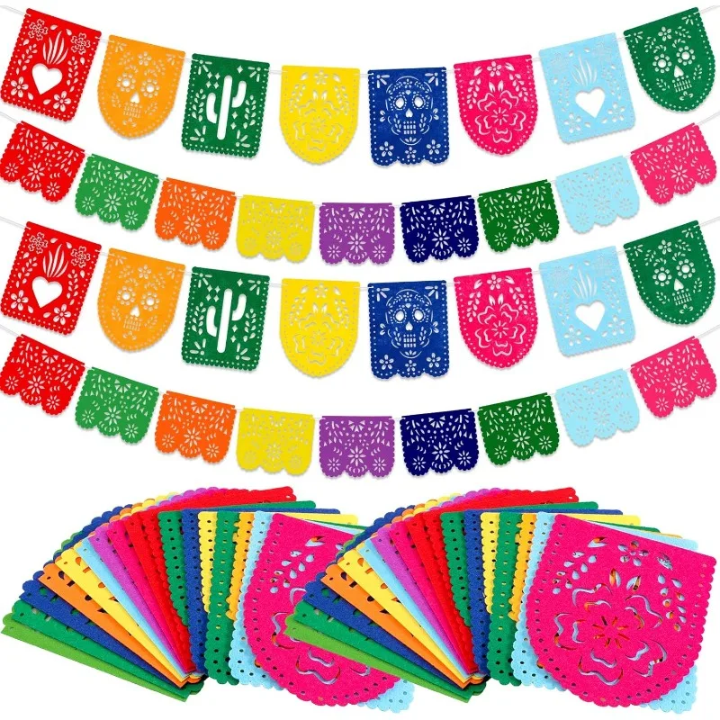 Bunte mexikanische Party Banner Dekorationen Papel Picado Filz Fiesta Kaktus Geburtstag Party Flaggen Dia De Los Muertos Girlande Dekor Image