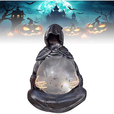 The Death God's Crystal Ball Gothic Black Robed Grim Reaper Sculpture LED Light Grim Reaper Water Globe Halloween Decor