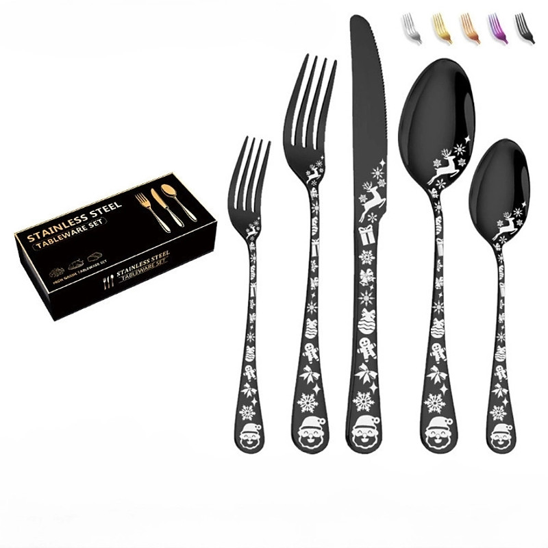 20/40 Piece Christmas Tableware Set for 8, Black Flatware set Service for 8,Unique Christmas Tree Snowflake Pattern DesignSatin Finish Cutlery for 8,Dishwasher Safe