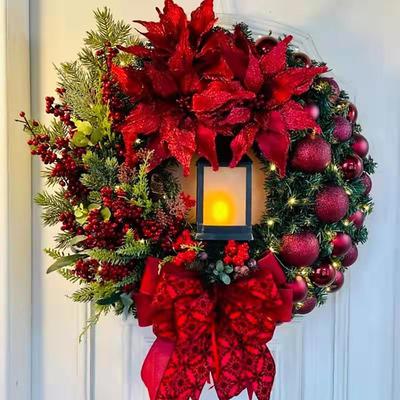 Sacred Christmas Wreath with Lights, Elegant Red Jesus Christmas Wreaths, Christmas Decorations, Outdoor Christmas Wreath, Artificial Wreath Flocked with Mixed Decorations for Window Wall Mantel Porch